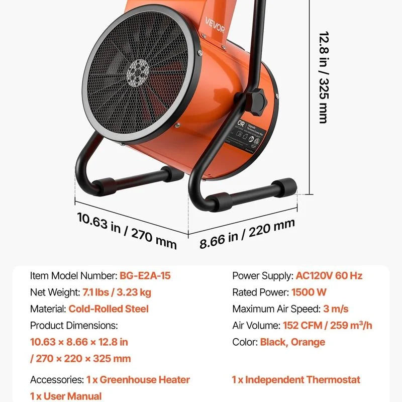 1500W Portable Greenhouse Heater with Adjustable Thermostat|Compact PTC Heating for Greenhouses, Grow Tents & Plant Spaces.