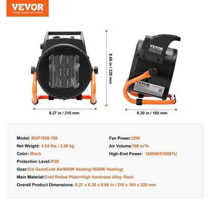 1500W Portable Greenhouse Heater with Adjustable Thermostat|Compact PTC Heating for Greenhouses, Grow Tents & Plant Spaces.