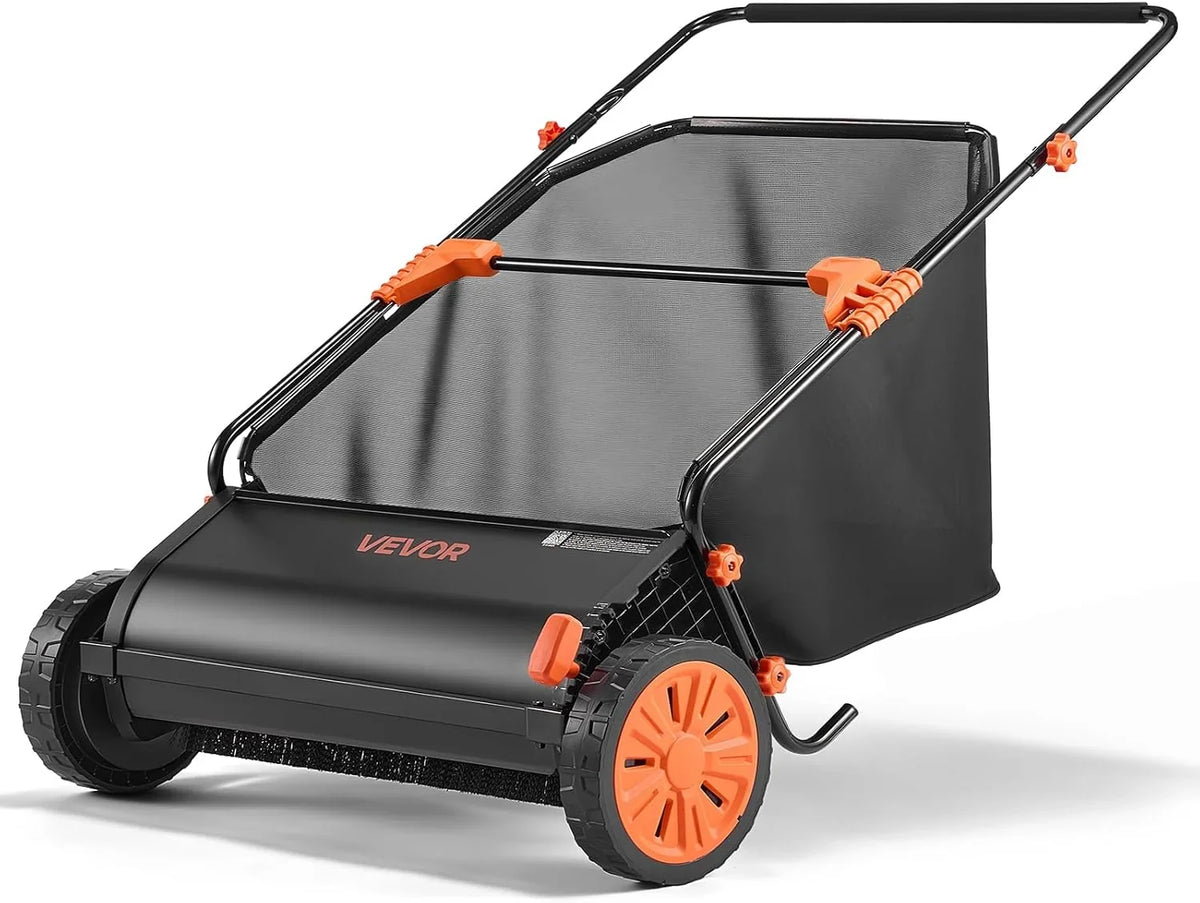 26-Inch Push Lawn Sweeper with 7 Cu. Ft. Hopper Bag, Heavy-Duty Leaf & Grass Collector with Adjustable Brushes for Yard Cleanup