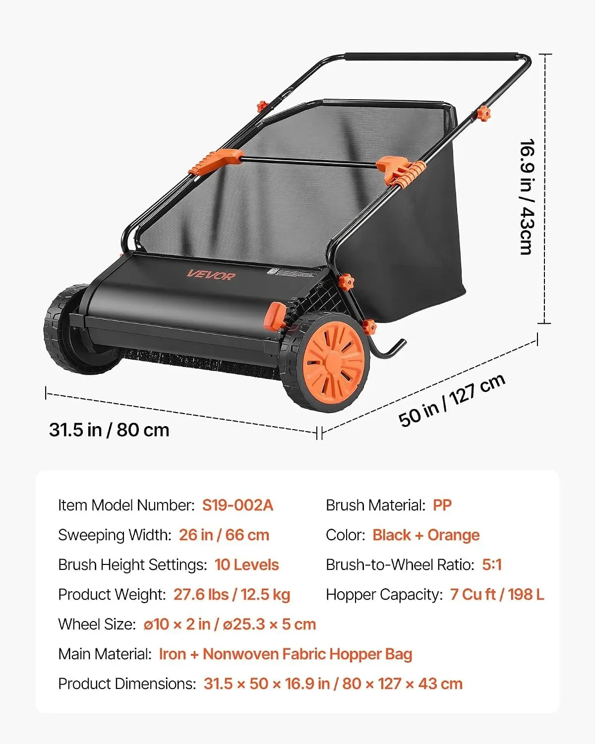 26-Inch Push Lawn Sweeper with 7 Cu. Ft. Hopper Bag, Heavy-Duty Leaf & Grass Collector with Adjustable Brushes for Yard Cleanup