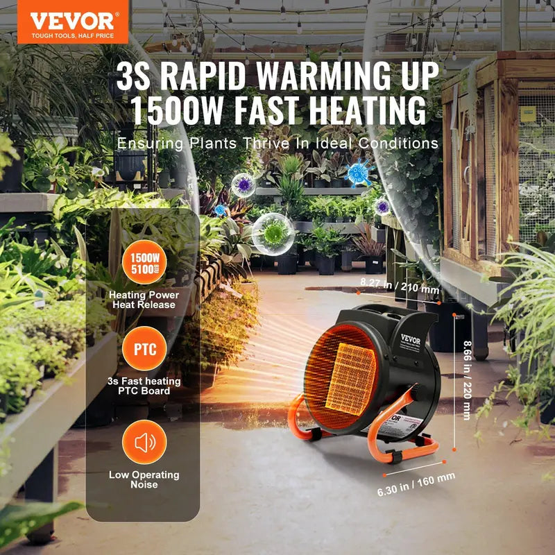 1500W Portable Greenhouse Heater with Adjustable Thermostat|Compact PTC Heating for Greenhouses, Grow Tents & Plant Spaces.