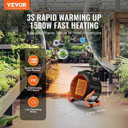 1500W Portable Greenhouse Heater with Adjustable Thermostat|Compact PTC Heating for Greenhouses, Grow Tents & Plant Spaces.
