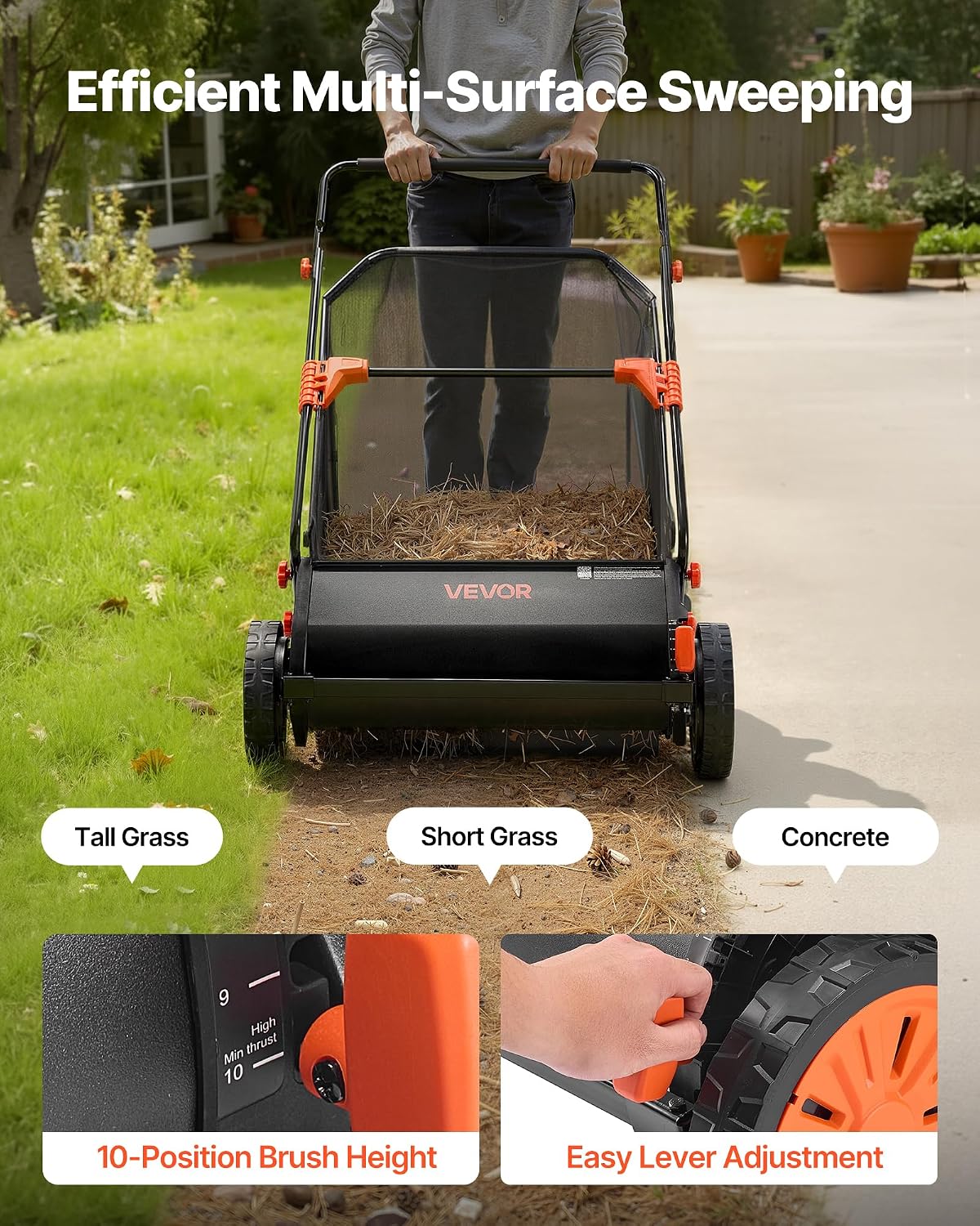 26-Inch Push Lawn Sweeper with 7 Cu. Ft. Hopper Bag, Heavy-Duty Leaf & Grass Collector with Adjustable Brushes for Yard Cleanup