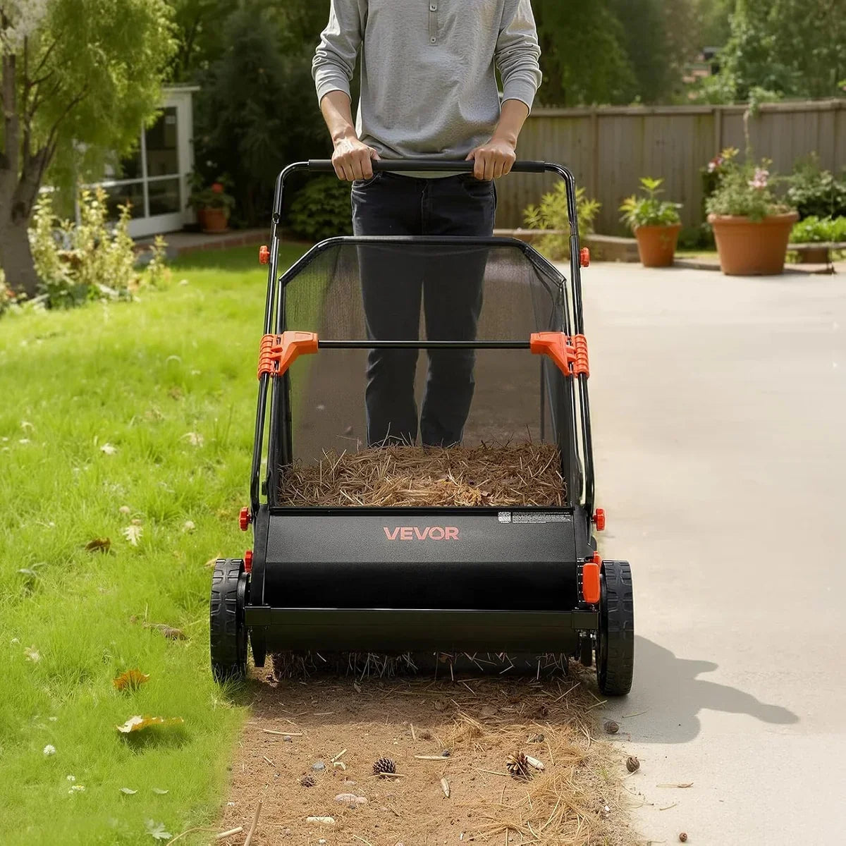 26-Inch Push Lawn Sweeper with 7 Cu. Ft. Hopper Bag, Heavy-Duty Leaf & Grass Collector with Adjustable Brushes for Yard Cleanup