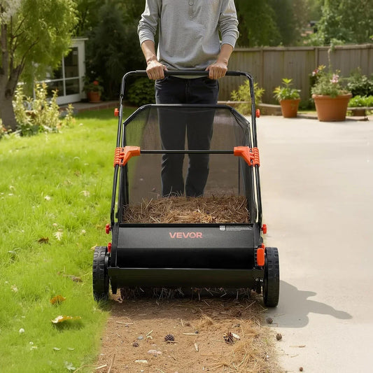 26-Inch Push Lawn Sweeper with 7 Cu. Ft. Hopper Bag, Heavy-Duty Leaf & Grass Collector with Adjustable Brushes for Yard Cleanup