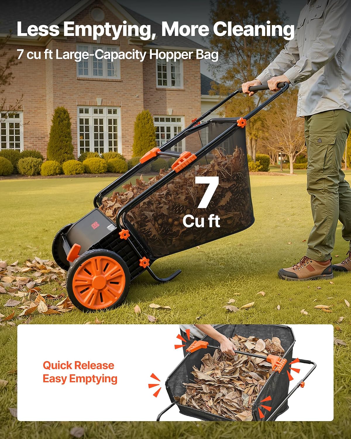 26-Inch Push Lawn Sweeper with 7 Cu. Ft. Hopper Bag, Heavy-Duty Leaf & Grass Collector with Adjustable Brushes for Yard Cleanup