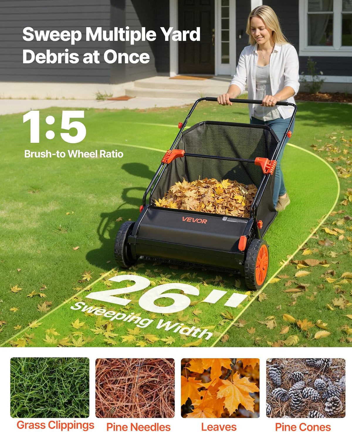 26-Inch Push Lawn Sweeper with 7 Cu. Ft. Hopper Bag, Heavy-Duty Leaf & Grass Collector with Adjustable Brushes for Yard Cleanup